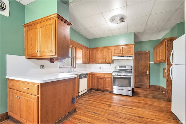 419 S First St, Pierceton, IN 46562 - kitchen with white appliances, under cabinet range hood, light wood-type flooring, a sink, and light countertops
