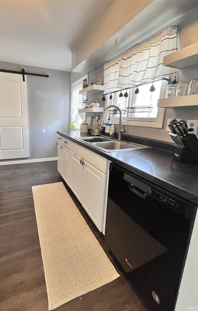 1818 N Indiana Ave, Kokomo, IN 46901 - kitchen featuring open shelves, black dishwasher, dark countertops, a sink, and a barn door