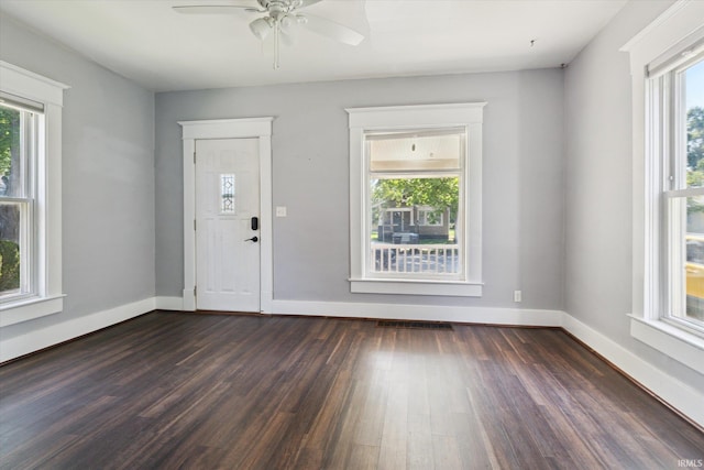 819 S 8th St, Goshen, IN 46526 - entrance foyer featuring dark wood finished floors, plenty of natural light, ceiling fan, and baseboards