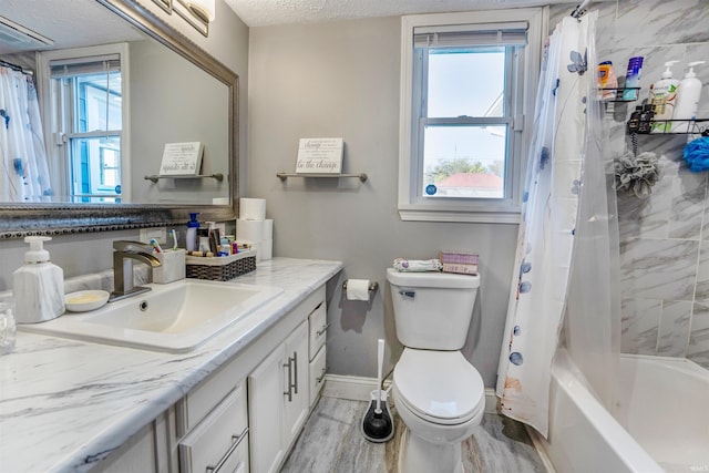 104 N Jefferson St, Pine Village, IN 47975 - full bathroom with vanity, toilet, baseboards, shower / bathtub combination with curtain, and wood finished floors