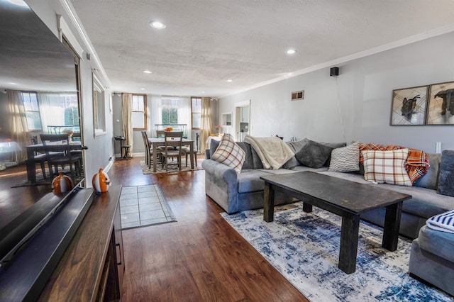 104 N Jefferson St, Pine Village, IN 47975 - living room with wood finished floors, recessed lighting, and crown molding