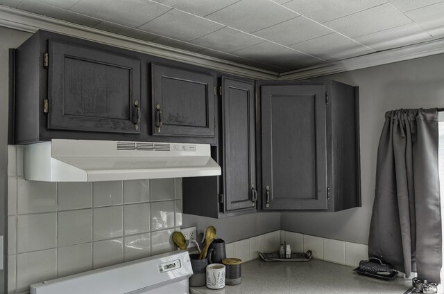 1439 W Central Ave, Bluffton, IN 46714 - kitchen with under cabinet range hood, stove, dark cabinetry, and light countertops