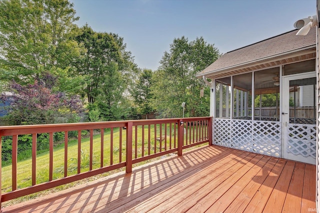 1063 S Colchester Ct, Bloomington, IN 47401 - wooden terrace with a sunroom, a yard, and ceiling fan