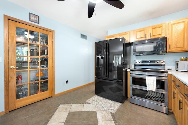 2796 N 85 W, Angola, IN 46703 - kitchen with black appliances, ceiling fan, baseboards, light brown cabinets, and light countertops