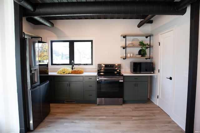 904 E Berry St, Fort Wayne, IN 46803 - kitchen with stainless steel electric range oven, refrigerator with ice dispenser, gray cabinetry, light wood-style flooring, and light countertops