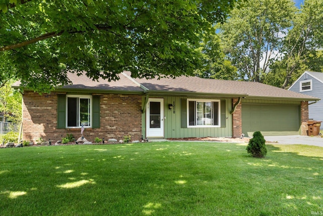 1210 Mcintyre Dr, Auburn, IN 46706 - ranch-style home with a garage, brick siding, board and batten siding, and a front yard