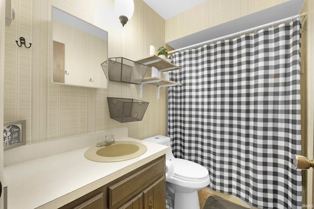 1210 Mcintyre Dr, Auburn, IN 46706 - bathroom with toilet, vanity, a shower with shower curtain, and decorative backsplash
