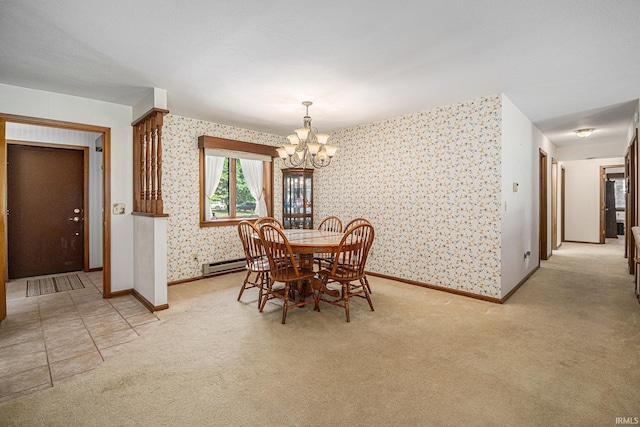 2027 Deer Trl, Warsaw, IN 46580 - dining room featuring wallpapered walls, a chandelier, baseboards, baseboard heating, and light colored carpet