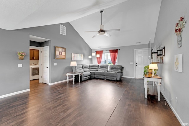 15926 Continental Dr, Huntertown, IN 46748 - living room featuring washer / dryer, ceiling fan, high vaulted ceiling, dark wood finished floors, and baseboards