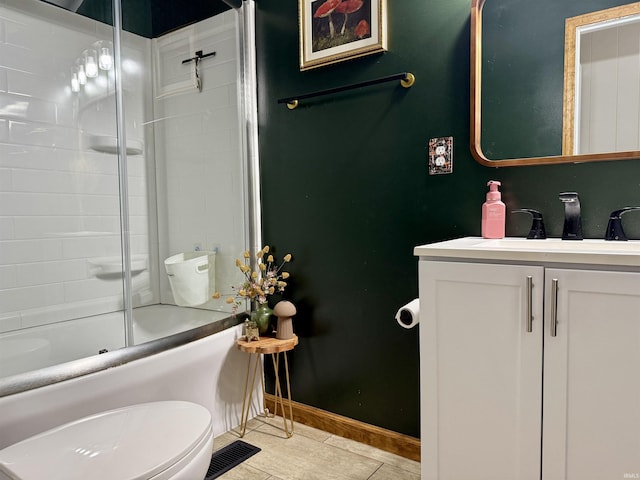 42 Center St, Avoca, IN 47420 - bathroom featuring vanity, bath / shower combo with glass door, toilet, tile patterned floors, and baseboards