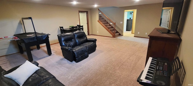 360 E 350 Rd N, Warsaw, IN 46582 - living area with stairway, carpet flooring, and baseboards