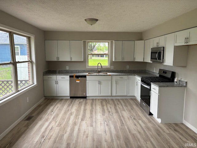 724 Iroquois Dr, Anderson, IN 46012 - kitchen with stainless steel appliances, a sink, healthy amount of natural light, light wood finished floors, and a textured ceiling