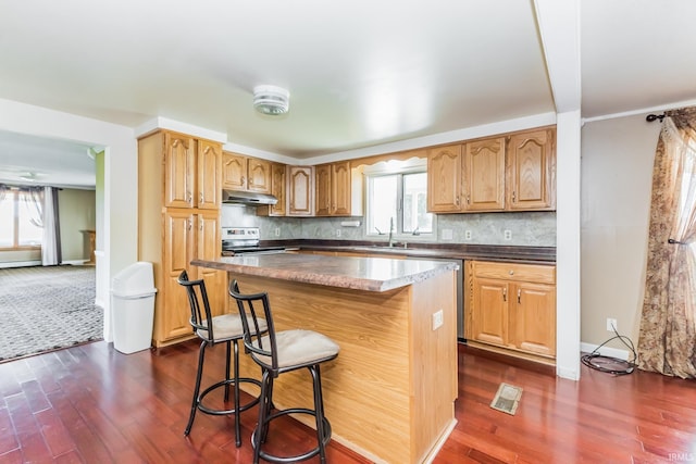 7782 S Warren Rd, Warren, IN 46792 - kitchen with under cabinet range hood, stainless steel appliances, dark wood-type flooring, and decorative backsplash