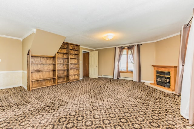 7782 S Warren Rd, Warren, IN 46792 - unfurnished living room with carpet, a glass covered fireplace, baseboards, ornamental molding, and a textured ceiling