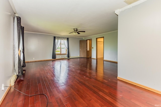 7782 S Warren Rd, Warren, IN 46792 - spare room featuring crown molding, wood finished floors, a ceiling fan, baseboards, and a baseboard radiator
