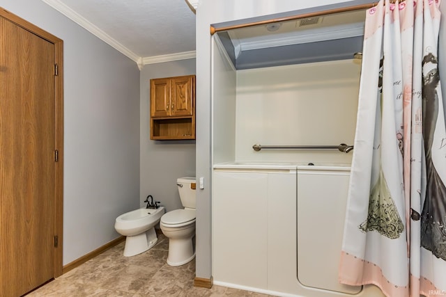 7782 S Warren Rd, Warren, IN 46792 - bathroom with a bidet, ornamental molding, toilet, and baseboards
