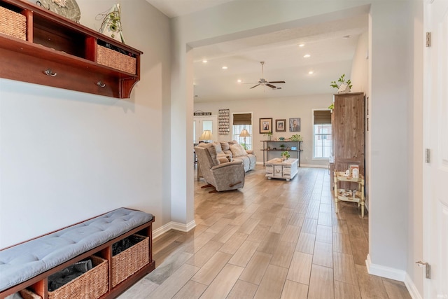 7937 Boydon Ct, Evansville, IN 47715 - mudroom with light wood-style floors, baseboards, a ceiling fan, and recessed lighting