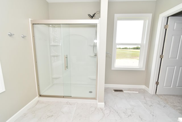 4831 N 400 W, Earl Park, IN 47942 - full bath with marble finish floors, a stall shower, and baseboards