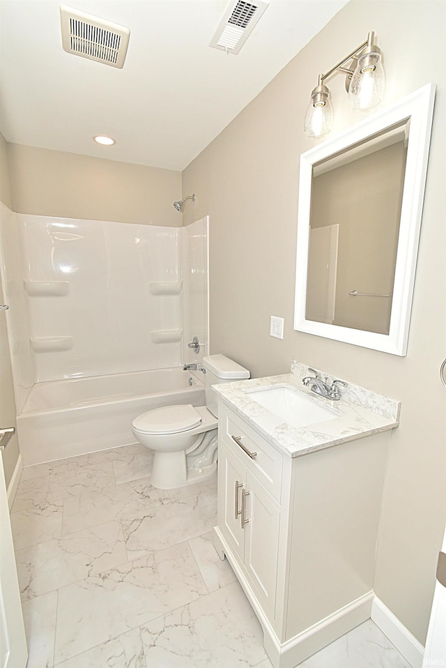 4831 N 400 W, Earl Park, IN 47942 - full bath featuring marble finish flooring, vanity, toilet, shower / bath combination, and baseboards