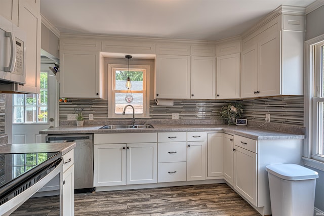 3017 E Walnut St, Evansville, IN 47714 - kitchen featuring a sink, white microwave, dishwasher, decorative backsplash, and dark wood finished floors