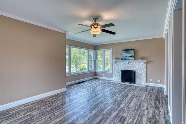 3017 E Walnut St, Evansville, IN 47714 - unfurnished living room with baseboards, a ceiling fan, wood finished floors, ornamental molding, and a stone fireplace