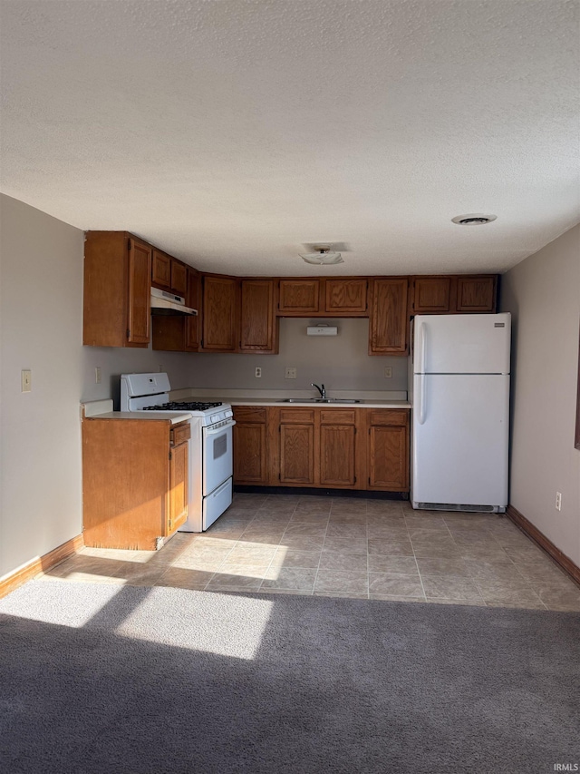 1406 N Philips St, Kokomo, IN 46901 - kitchen featuring white appliances, under cabinet range hood, light countertops, a sink, and a textured ceiling