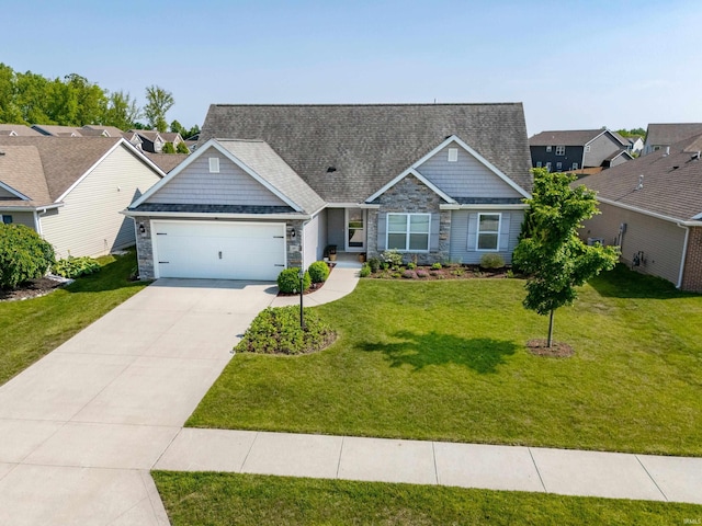 1187 Gateway Trl, Fort Wayne, IN 46845 - craftsman inspired home featuring stone siding, an attached garage, concrete driveway, a front lawn, and a residential view