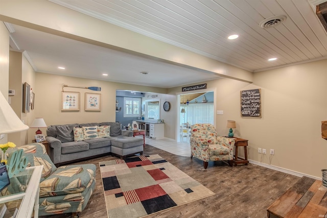 11382 N Biscayne Ln, Cromwell, IN 46732 - living room featuring ornamental molding, wood finished floors, recessed lighting, baseboards, and wood ceiling