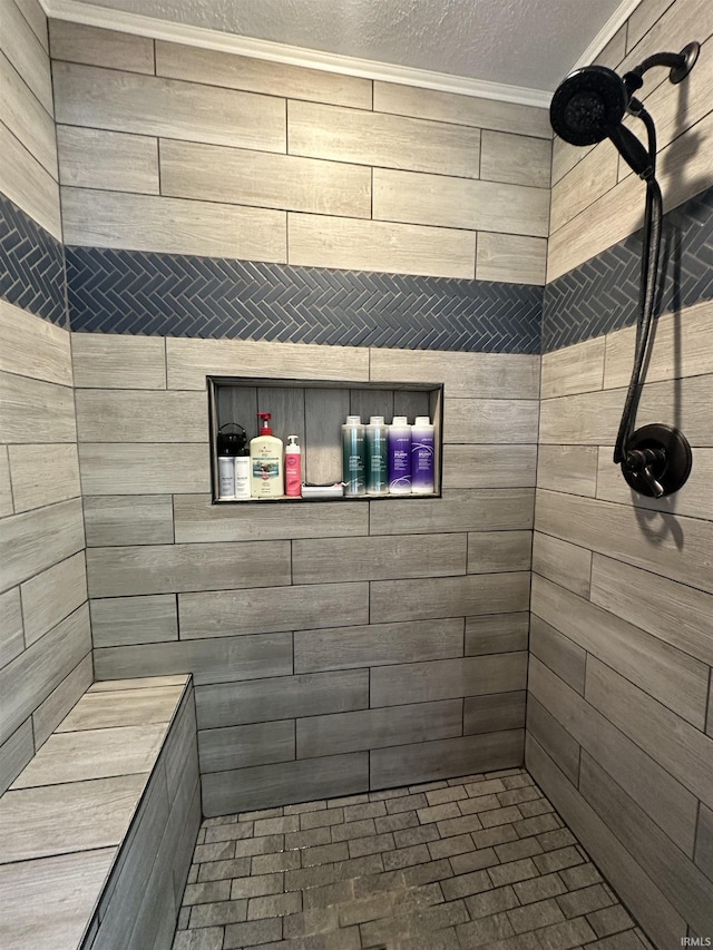 12524 W 545 N, Linton, IN 47441 - bathroom featuring a tile shower, brick patterned flooring, and a textured ceiling