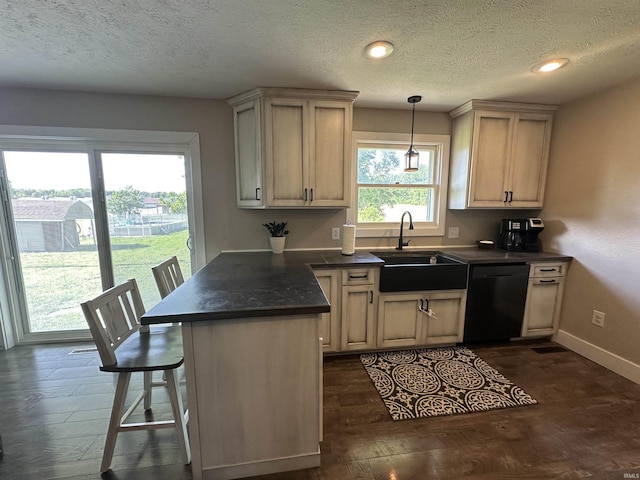12524 W 545 N, Linton, IN 47441 - kitchen with black dishwasher, a sink, dark countertops, dark wood-type flooring, and a peninsula