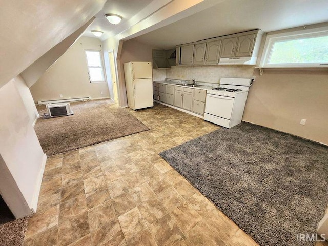 436 E Taber St, Fort Wayne, IN 46803 - kitchen with white appliances, under cabinet range hood, baseboard heating, a sink, and tasteful backsplash