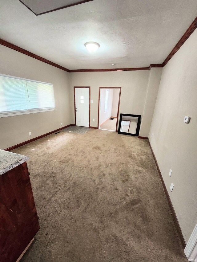 436 E Taber St, Fort Wayne, IN 46803 - unfurnished living room featuring ornamental molding, carpet floors, baseboards, and a textured ceiling