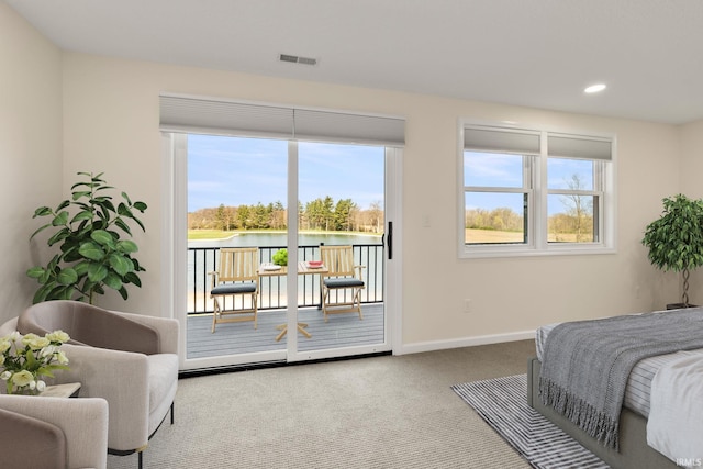 11136 N 200 W, Ossian, IN 46777 - carpeted bedroom featuring access to outside, baseboards, recessed lighting, multiple windows, and a water view