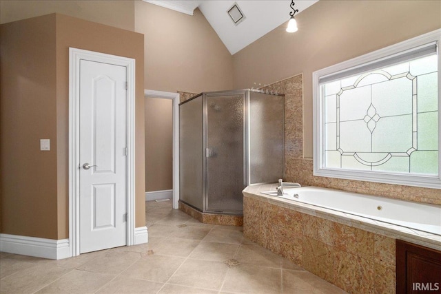 6444 Pebble Pointe Ct, Newburgh, IN 47630 - full bath featuring lofted ceiling, a garden tub, a shower stall, and tile patterned flooring