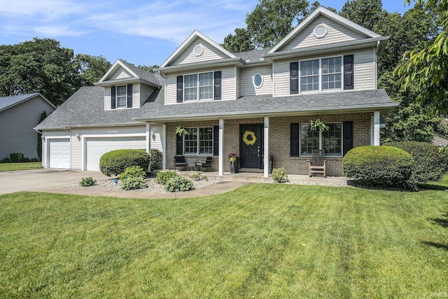 58201 Windsong Dr, Elkhart, IN 46517 - traditional home featuring a porch, an attached garage, brick siding, and a front yard