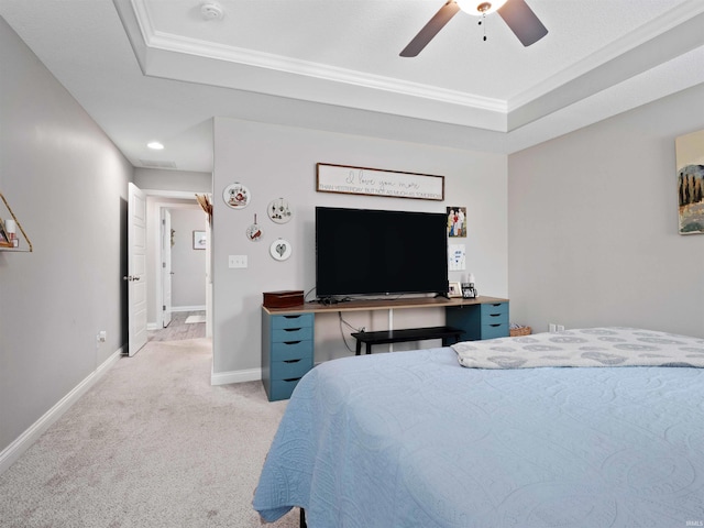 10805 Eagle River Run, Fort Wayne, IN 46845 - carpeted bedroom featuring a tray ceiling, ornamental molding, baseboards, a ceiling fan, and recessed lighting