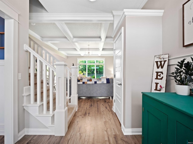 10805 Eagle River Run, Fort Wayne, IN 46845 - corridor with wood finished floors, beam ceiling, a chandelier, baseboards, and coffered ceiling