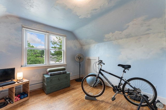 1712 High St, Fort Wayne, IN 46808 - exercise area featuring vaulted ceiling, wood finished floors, and baseboards