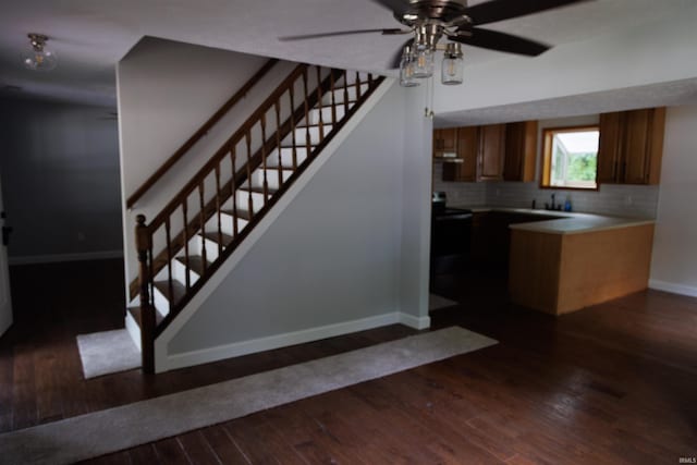 3289 S State Road 37th Rd, Paoli, IN 47454 - staircase featuring baseboards, hardwood / wood-style floors, and a ceiling fan
