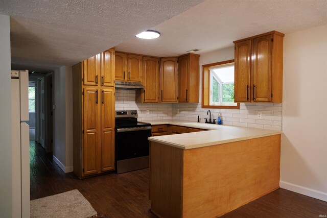 3289 S State Road 37th Rd, Paoli, IN 47454 - kitchen featuring stainless steel range with electric stovetop, under cabinet range hood, a sink, dark wood-style floors, and a peninsula