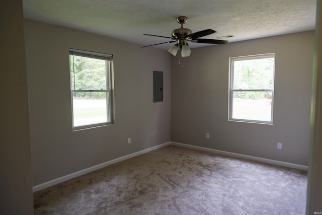 3289 S State Road 37th Rd, Paoli, IN 47454 - carpeted empty room with electric panel, plenty of natural light, ceiling fan, baseboards, and a textured ceiling