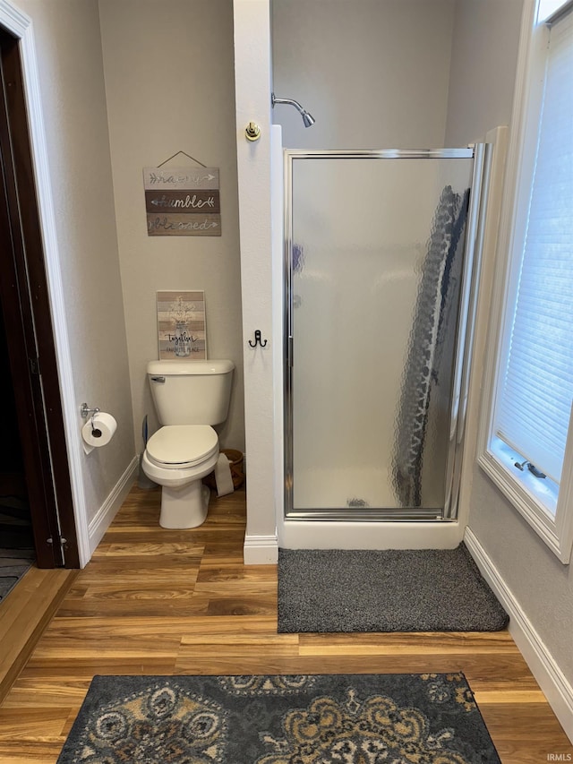 5533 N 150 Rd E, Urbana, IN 46990 - full bathroom featuring wood finished floors, toilet, a stall shower, and baseboards
