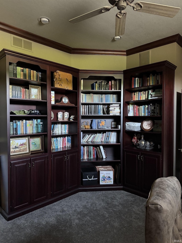 5533 N 150 Rd E, Urbana, IN 46990 - sitting room featuring carpet, a ceiling fan, and ornamental molding