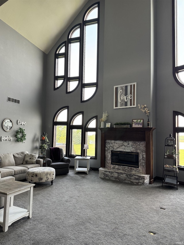 5533 N 150 Rd E, Urbana, IN 46990 - carpeted living area featuring high vaulted ceiling and a high end fireplace