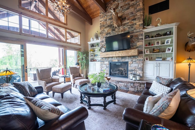 8615 W 450 S, Hudson, IN 46747 - living room with wooden ceiling with exposed beams, high vaulted ceiling, wood finished floors, a chandelier, and a stone fireplace