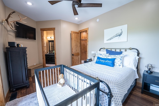 8615 W 450 S, Hudson, IN 46747 - bedroom featuring wood finished floors, baseboards, recessed lighting, and connected bathroom