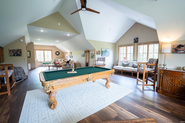 8615 W 450 S, Hudson, IN 46747 - game room with vaulted ceiling, a ceiling fan, pool table, and wood finished floors