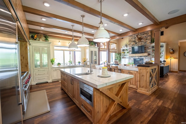 8615 W 450 S, Hudson, IN 46747 - kitchen with a sink, appliances with stainless steel finishes, an island with sink, a fireplace, and dark wood-type flooring