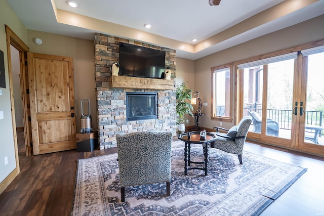 8615 W 450 S, Hudson, IN 46747 - living area featuring wood finished floors, a raised ceiling, healthy amount of natural light, a fireplace, and recessed lighting