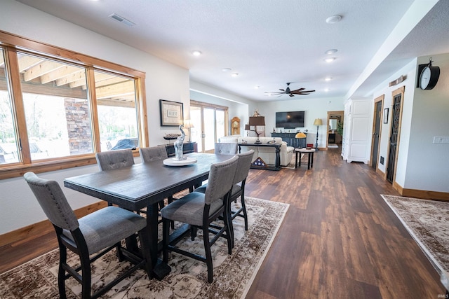 8615 W 450 S, Hudson, IN 46747 - dining area featuring a ceiling fan, dark wood-style flooring, baseboards, and recessed lighting